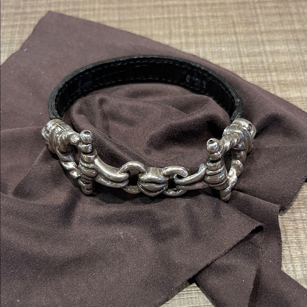 Brighton HorseBit Silver Plate Black Leather Hook Bracelet 7” Length Good Shape
